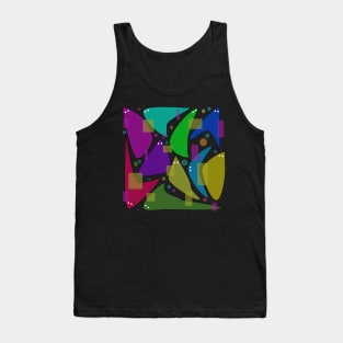 Unique design, black background with vibrant colors and shapes. Quirky and fun! Tank Top